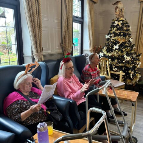 Residents seated together beside a decorated Christmas tree in the lounge