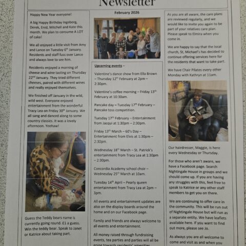 Printed Nightingale House newsletter page with care home stories and photographs